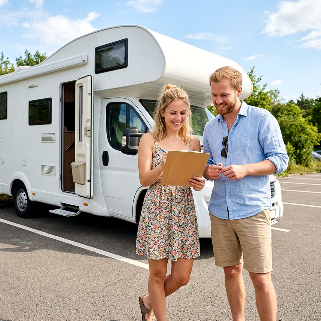 Paar mit Checkliste vor einem Alkoven-Wohnmobil bei der Übergabe auf dem Stellplatz