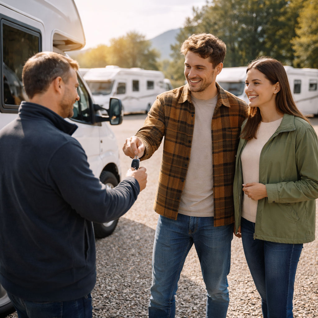 Vermieter übergibt einem jungen Paar die Schlüssel zu einem Wohnmobil auf dem Vermietplatz