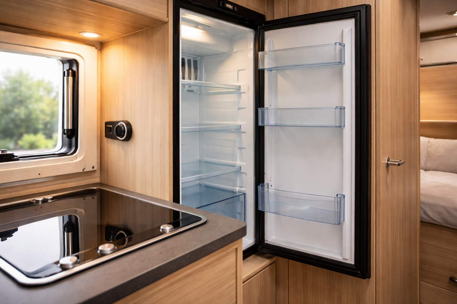 Wohnmobil-Innenraum: Küche und Kühlschrank beim Funktionstest
