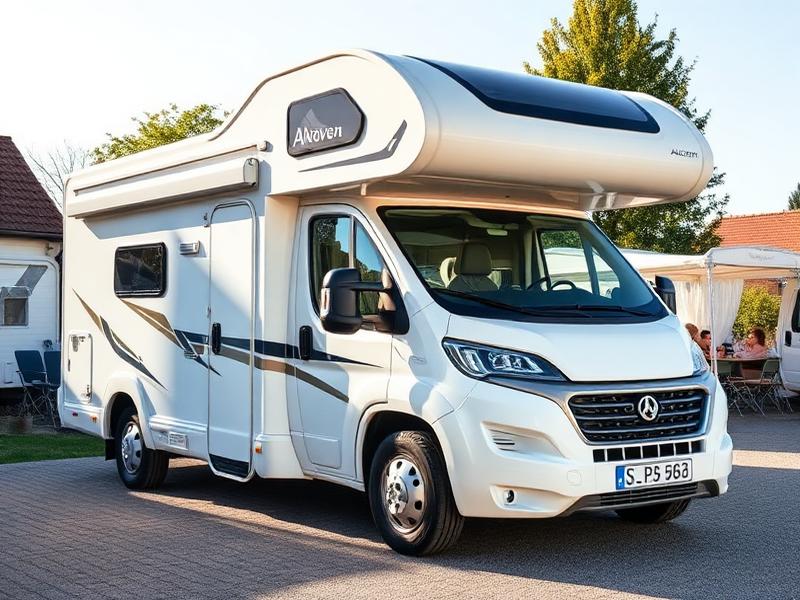 Alkoven-Wohnmobil in Frontalansicht auf gepflastertem Stellplatz