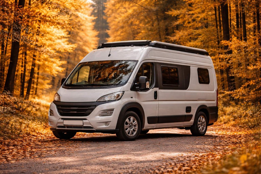 Weißer Kastenwagen auf einem Waldweg im Herbstlaub