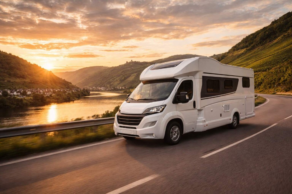 Teilintegriertes Wohnmobil auf einer Strasse entlang eines Flusstals im Sonnenuntergang